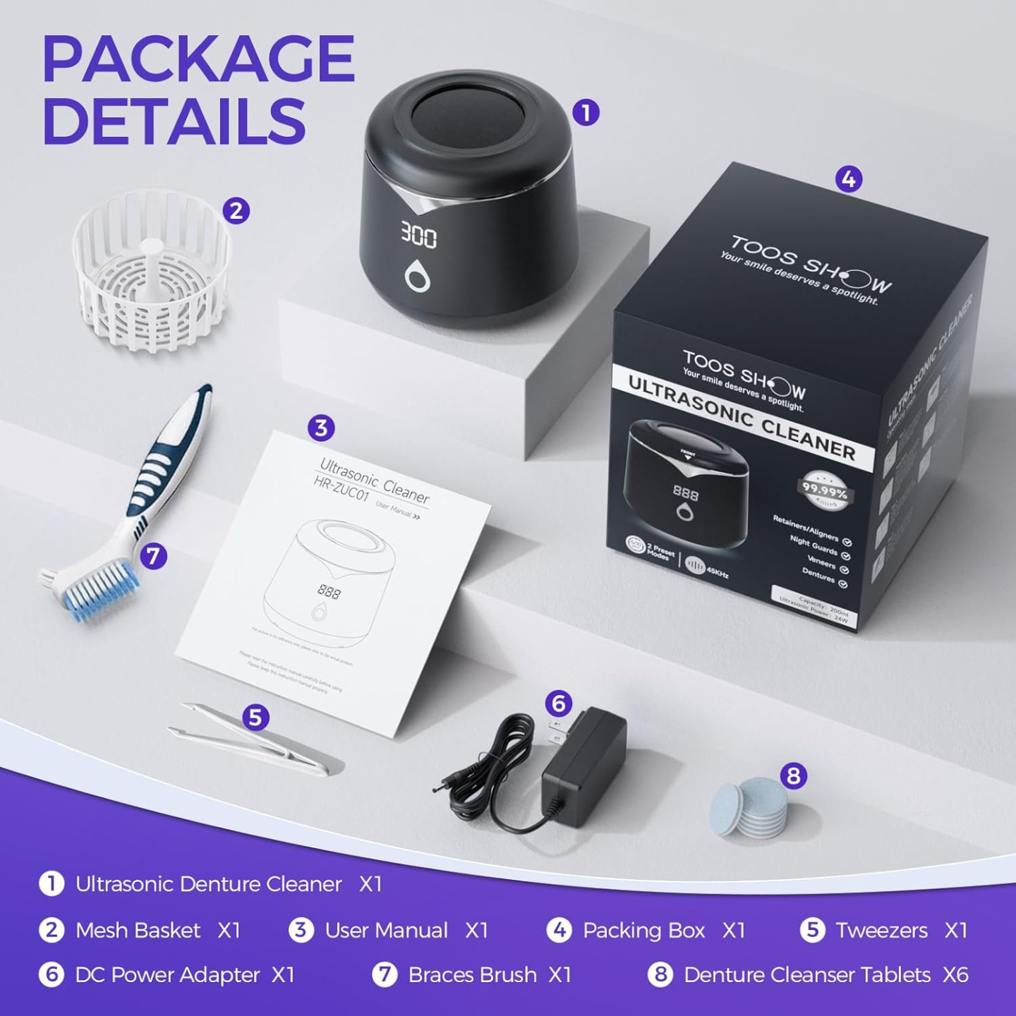 Ultrasonic Retainer Cleaner with UV Sterilization for Dental Hygiene