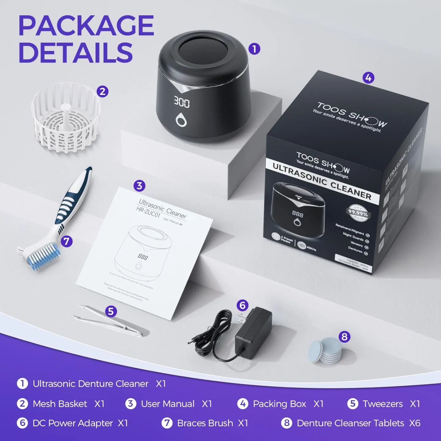 Ultrasonic Retainer Cleaner with UV Sterilization for Dental Hygiene