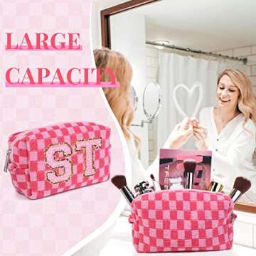 6 Pcs Preppy Makeup Bag Bulk Checkered Cosmetic Bag Pink Makeup Pouch Personalize Travel Toiletry Bag Organizer Cute DIY Makeup Brushes Storage Bag for Women