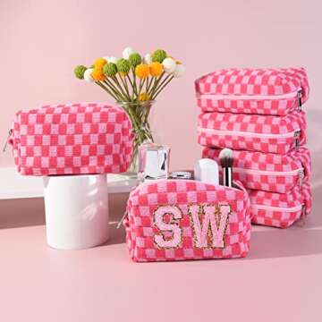 6 Pcs Preppy Makeup Bag Bulk Checkered Cosmetic Bag Pink Makeup Pouch Personalize Travel Toiletry Bag Organizer Cute DIY Makeup Brushes Storage Bag for Women