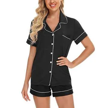 Womens Pajamas Pants Sets V-Neck Short Sleeve Sleepwear Soft Pj Sets Black Large