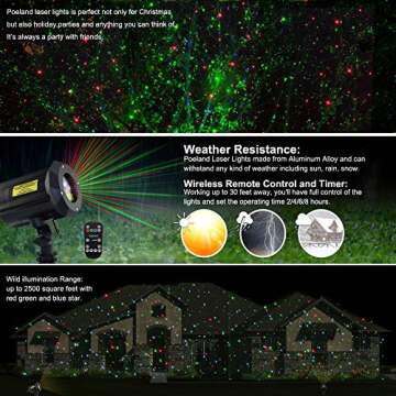 Poeland Christmas Laser Projector Lights Waterproof Outdoor Garden Decorative Lighting with Security Lock 3 Color Red Green Blue