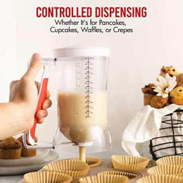 Dalup Enterprises Kid Friendly Mess Free Pancake Cupcake Batter Dispenser Squeeze Handle for Precise Portion Control, Great for Waffles, Crepes | 4 Cup Capacity (White)