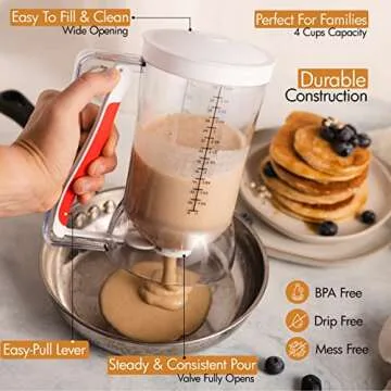 Dalup Enterprises Kid Friendly Mess Free Pancake Cupcake Batter Dispenser Squeeze Handle for Precise Portion Control, Great for Waffles, Crepes | 4 Cup Capacity (White)