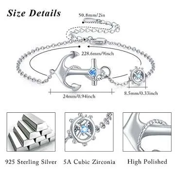 Anchor Ankle Bracelets Adjustable for Women, 925 Sterling Silver Heart Charm Anklets Ocean Blue Nautical Sailor Foot Chains Friendship Jewelry Birthday Gifts for Women Wife Best Friend