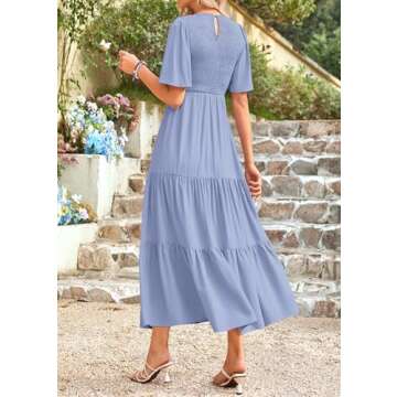 KIRUNDO Casual Summer Dresses for Women 2025 Spring Flutter Short Sleeve Midi Dress Smocked Modest C...