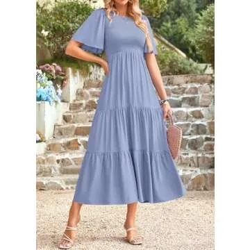 KIRUNDO Casual Summer Dresses for Women 2025 Spring Flutter Short Sleeve Midi Dress Smocked Modest Church A Line Flowy Ruffle Tiered Dress Resort Wear(Small, Light Blue)