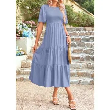 KIRUNDO Casual Summer Dresses for Women 2025 Spring Flutter Short Sleeve Midi Dress Smocked Modest Church A Line Flowy Ruffle Tiered Dress Resort Wear(Small, Light Blue)