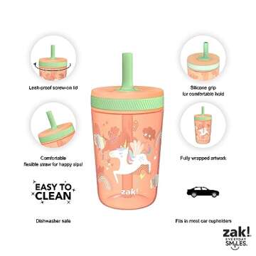 Zak Designs Unicorn Kelso Tumbler Set, Leak-Proof Screw-On Lid with Straw, Bundle for Kids Includes Plastic and Stainless Steel Cups with Bonus Sipper, 3pc Set, Non-BPA, 15 fl.oz.