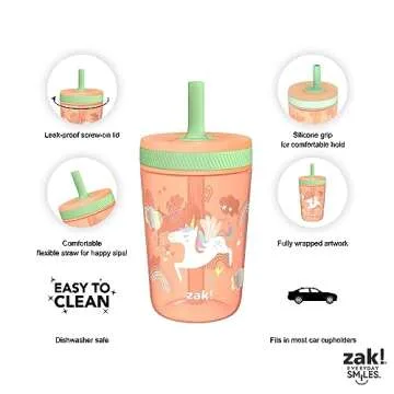 Zak Designs Unicorn Kelso Tumbler Set, Leak-Proof Screw-On Lid with Straw, Bundle for Kids Includes Plastic and Stainless Steel Cups with Bonus Sipper, 3pc Set, Non-BPA, 15 fl.oz.