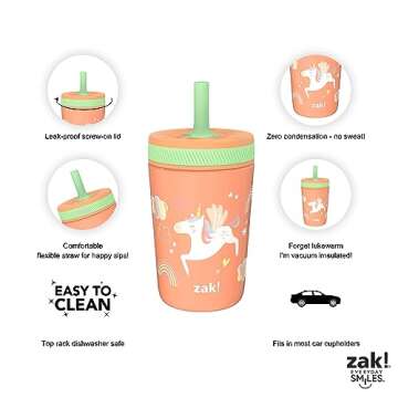 Zak Designs Unicorn Kelso Tumbler Set, Leak-Proof Screw-On Lid with Straw, Bundle for Kids Includes Plastic and Stainless Steel Cups with Bonus Sipper, 3pc Set, Non-BPA, 15 fl.oz.