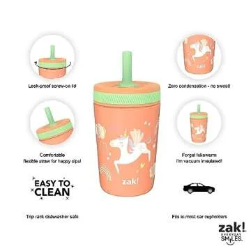 Zak Designs Unicorn Kelso Tumbler Set, Leak-Proof Screw-On Lid with Straw, Bundle for Kids Includes Plastic and Stainless Steel Cups with Bonus Sipper, 3pc Set, Non-BPA, 15 fl.oz.