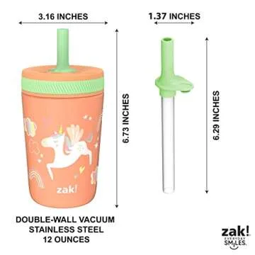 Zak Designs Unicorn Kelso Tumbler Set, Leak-Proof Screw-On Lid with Straw, Bundle for Kids Includes Plastic and Stainless Steel Cups with Bonus Sipper, 3pc Set, Non-BPA, 15 fl.oz.