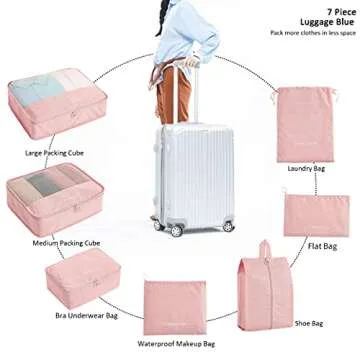 FOREMS 7 Set Packing Cubes For Suitcases Travel Luggage Organizers With Laundry Bag,Shoe Bag And Toitetry bag,Lightweight Luggage For Carry On Suitcase (pink)