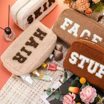 Paterr 4 Pcs Chenille Letter Preppy Patches Makeup Bag Plush Fuzzy Makeup Bag Hair Skin Face Stuff B...