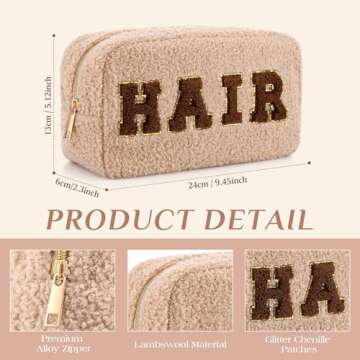 Paterr 4 Pcs Chenille Letter Preppy Patches Makeup Bag Plush Fuzzy Makeup Bag Hair Skin Face Stuff Bag Large Cosmetic Pouch Zipper Travel Toiletry Bag for Christmas Spring Gift(Beige Brown Colors)