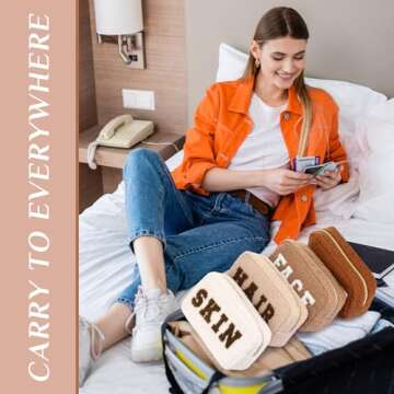 Paterr 4 Pcs Chenille Letter Preppy Patches Makeup Bag Plush Fuzzy Makeup Bag Hair Skin Face Stuff Bag Large Cosmetic Pouch Zipper Travel Toiletry Bag for Christmas Spring Gift(Beige Brown Colors)