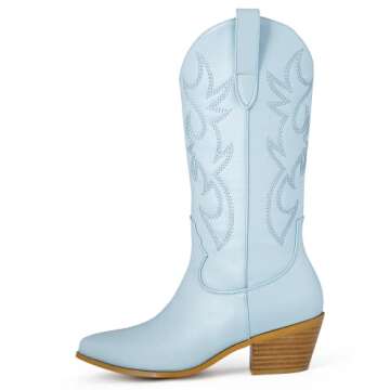 Women's Cowgirl Embroidered Western Cowboy Boots, Mid Calf Booties Pointed Toe Chunky Heel Pull On Fashion Design for Ladies, Party and Outdoor