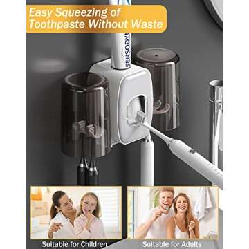 WAYCOM Toothpaste Dispenser Bathroom Accessories, 2 Cups Toothbrush Holder Wall Mounted Bathroom Dec...