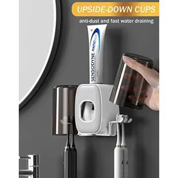 WAYCOM Toothpaste Dispenser Bathroom Accessories, 2 Cups Toothbrush Holder Wall Mounted Bathroom Decor Smart Home Products Tooth Brushing Holder with Automatic Toothpaste Dispenser Bathroom Organizer