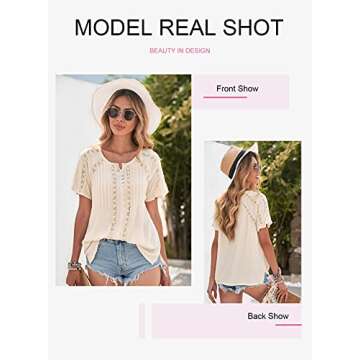 Dokotoo Womens Ladies 2023 Summer Sexy Lace V Neck Eyelet Short Sleeve Boho Shirts Casual Loose Solid Chiffon Blouses for Women Tops Apricot 2XL