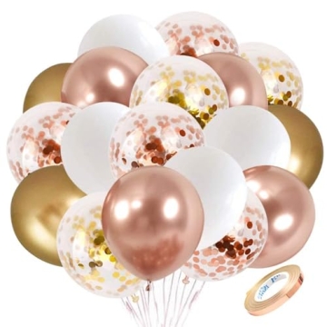 Rose Gold Confetti Latex Balloons, 60 pcs 12 inch White Metallic Gold Party Balloon with 33 Ft Rose ...