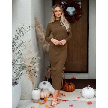 ZESICA Women's Spring Long Sleeve Bodycon Maxi Dresses Sexy Ruched Crew Neck Slim Fit Cocktail Party Dress,Brown,Small