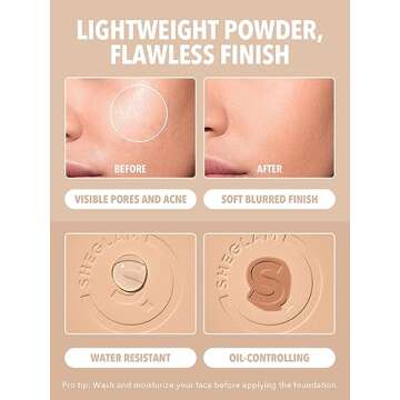 SHEGLAM SKin-Focus Full Coverage Powder Foundation Oil-Control Lightweight Face Pressed Powder Makeup-Porcelain