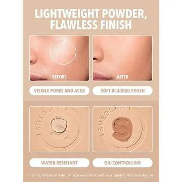 SHEGLAM SKin-Focus Full Coverage Powder Foundation Oil-Control Lightweight Face Pressed Powder Makeup-Porcelain