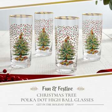 Spode Christmas Tree 15 Fl. Oz. Highball Glass (Set of 4) - Elegant Barware for Holiday Celebrations