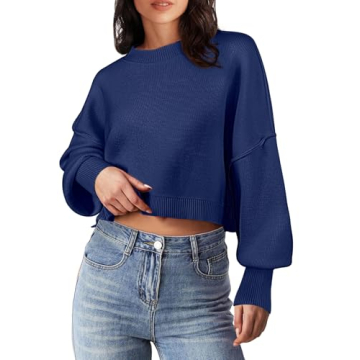 MEROKEETY Women's 2024 Fall Winter Crewneck Cropped Sweater - Casual Ribbed Pullover