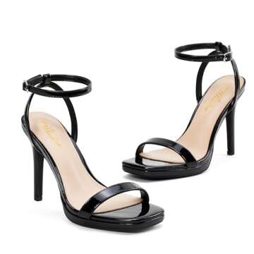 Women’s Stiletto Strappy Heeled Sandals, 4.3 Inch Square Open Toe Sexy High Heels Ankle Strap Buckle Heels for Party Wedding Dress Daily Wear Shoes Black Size 9