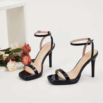Women’s Stiletto Strappy Heeled Sandals, 4.3 Inch Square Open Toe Sexy High Heels Ankle Strap Buckle Heels for Party Wedding Dress Daily Wear Shoes Black Size 9