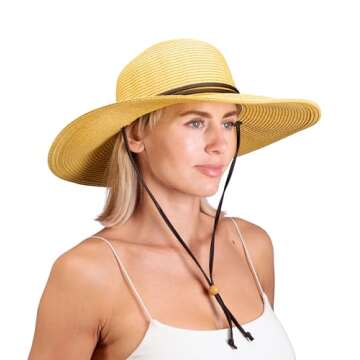 Sloggers Women's Wide Brim Braided Sun Hat with Wind Lanyard - UPF 50+ Maximum Sun Protection Light Brown