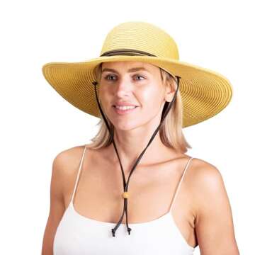 Sloggers Women's Wide Brim Braided Sun Hat with Wind Lanyard - UPF 50+ Maximum Sun Protection Light Brown
