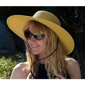 Sloggers Women's Wide Brim Braided Sun Hat with Wind Lanyard - UPF 50+ Maximum Sun Protection Light Brown