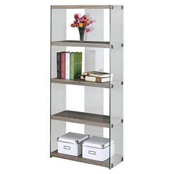 Monarch Specialties Bookcase - 5-Shelf Etagere Bookcase - Contemporary Look with Tempered Glass Frame Bookshelf - 60"H (Dark Taupe)
