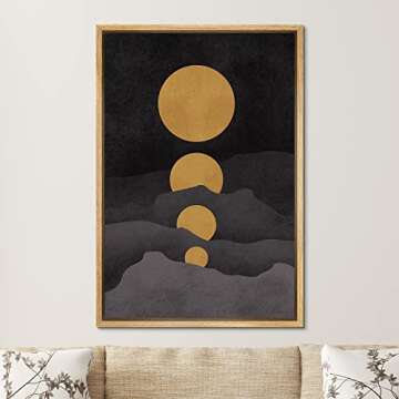 SIGNFORD Framed Canvas Print Wall Art Golden Moons in Dark Landscape Abstract Wilderness Illustrations Modern Art Contemporary Scenic for Living Room, Bedroom, Office - 16"x24" Natural