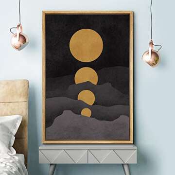 SIGNFORD Framed Canvas Print Wall Art Golden Moons in Dark Landscape Abstract Wilderness Illustrations Modern Art Contemporary Scenic for Living Room, Bedroom, Office - 16"x24" Natural