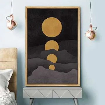 SIGNFORD Framed Canvas Print Wall Art Golden Moons in Dark Landscape Abstract Wilderness Illustrations Modern Art Contemporary Scenic for Living Room, Bedroom, Office - 16"x24" Natural