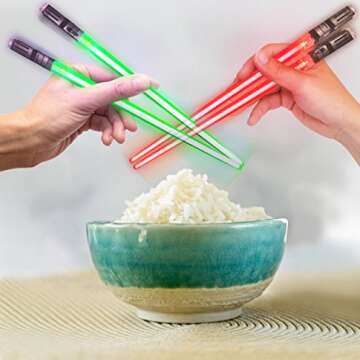 Lightsaber Chopsticks Light Up - LED Glowing Light Saber Star Wars Chop Sticks - Reusable Sushi Lightup Sabers Chopstick Set of 2 Green and Red Pairs