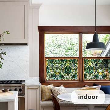 funlife Stained Glass Window Film, Double-Sided Thickened Static Cling, Non-Adhesive Glass Window Decals Decor for Door Window, 17.7"x118", Green Glass Mosaic