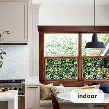 funlife Stained Glass Window Film, Double-Sided Thickened Static Cling, Non-Adhesive Glass Window Decals Decor for Door Window, 17.7"x118", Green Glass Mosaic