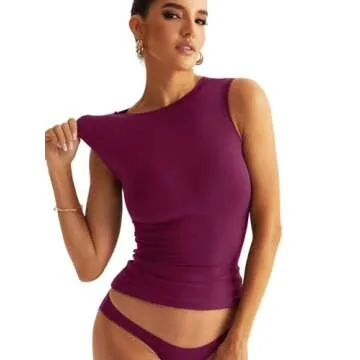 Eachyes Womens Double Lined Racerback Tank Tops Sleeveless High Neck Fitted Basic Shirts Dark Purple Small