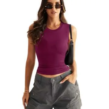 Eachyes Womens Double Lined Racerback Tank Tops Sleeveless High Neck Fitted Basic Shirts Dark Purple Small