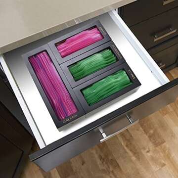 Cozee Bay Bamboo food Bag Organizer for Kitchen Drawer, Baggie organizer, Compatible with Gallon, Quart, Sandwich and Snack Variety Size Bags (4 Piece Set) (Black)