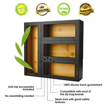 Cozee Bay Bamboo food Bag Organizer for Kitchen Drawer, Baggie organizer, Compatible with Gallon, Quart, Sandwich and Snack Variety Size Bags (4 Piece Set) (Black)