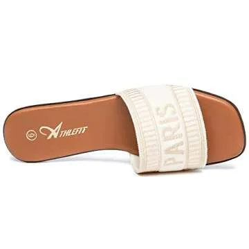 Athlefit Women's Summer Flat Sandals Beige Comfortable Square Toe Slide Sandals