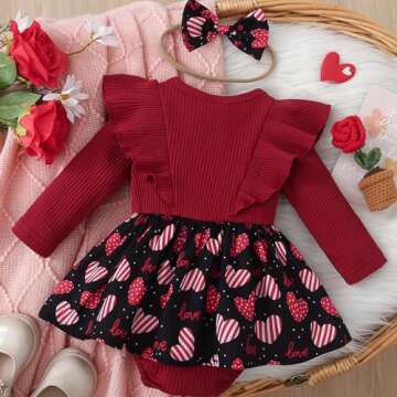 Valentine Baby Girl Outfit Heart Print Ribbed Long Sleeve Newborn Valentines day Romper Dress Headband Set