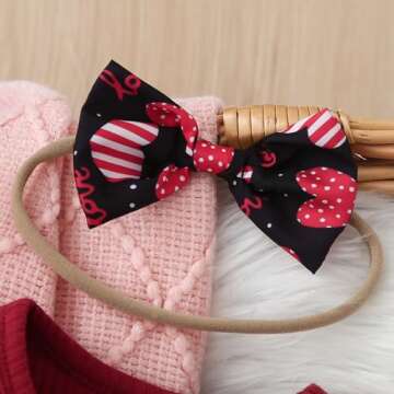 Valentine Baby Girl Outfit Heart Print Ribbed Long Sleeve Newborn Valentines day Romper Dress Headband Set